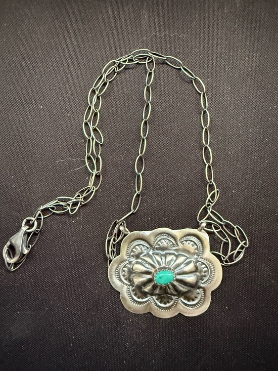 Native Jewelry - Lavina Benally Navajo handmade kingman turquoise conch necklace. 925